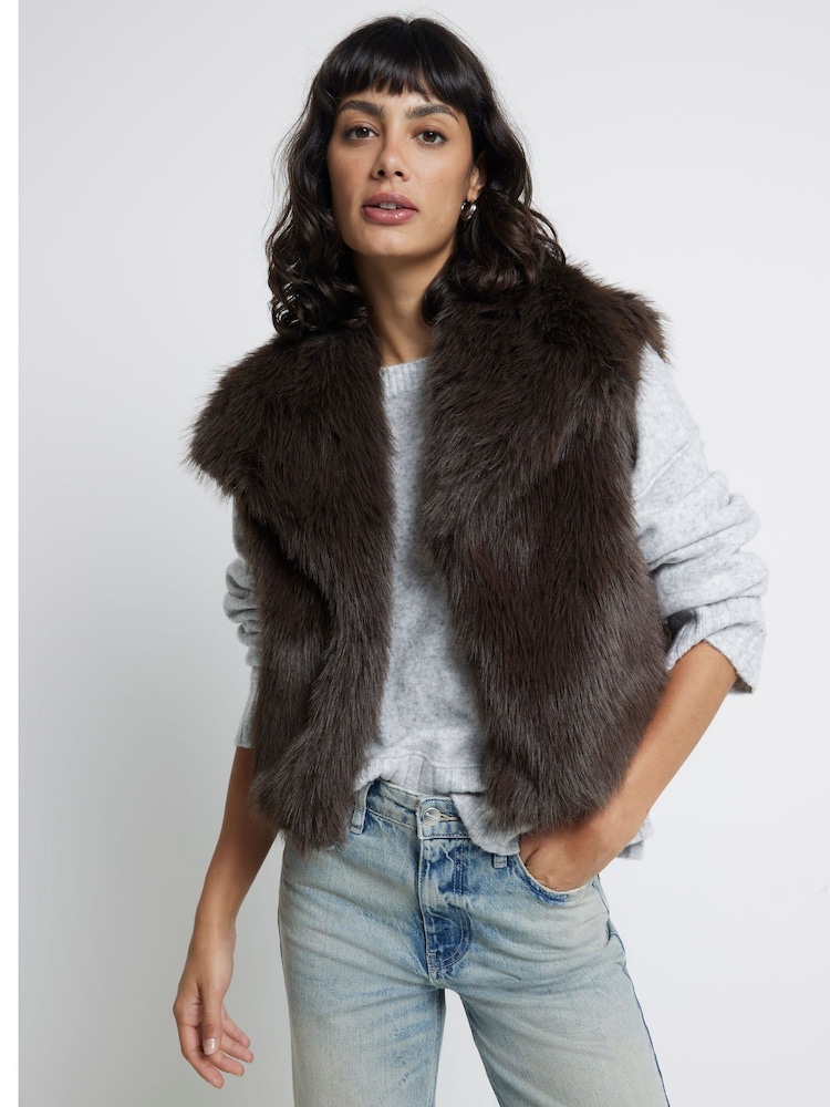 River Island Brown Dark Short Faux Fur Gilet - Image 1 of 4 River Island Brown Dark Short Faux Fur Gilet - Image 1 of 4