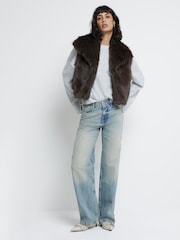 River Island Brown Dark Short Faux Fur Gilet - Image 2 of 4