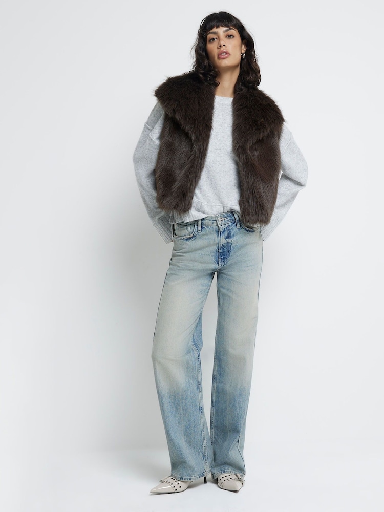 River Island Brown Dark Short Faux Fur Gilet - Image 2 of 4 River Island Brown Dark Short Faux Fur Gilet - Image 2 of 4