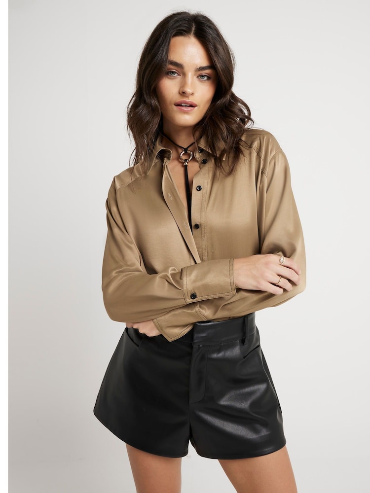 River Island Beige Satin Oversized Shirt - Image 1 of 4 River Island Beige Satin Oversized Shirt - Image 1 of 4