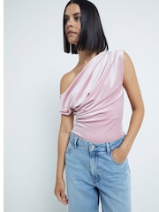 River Island Pink Velvet Off Shoulder Ruched Top - Image 3 of 5