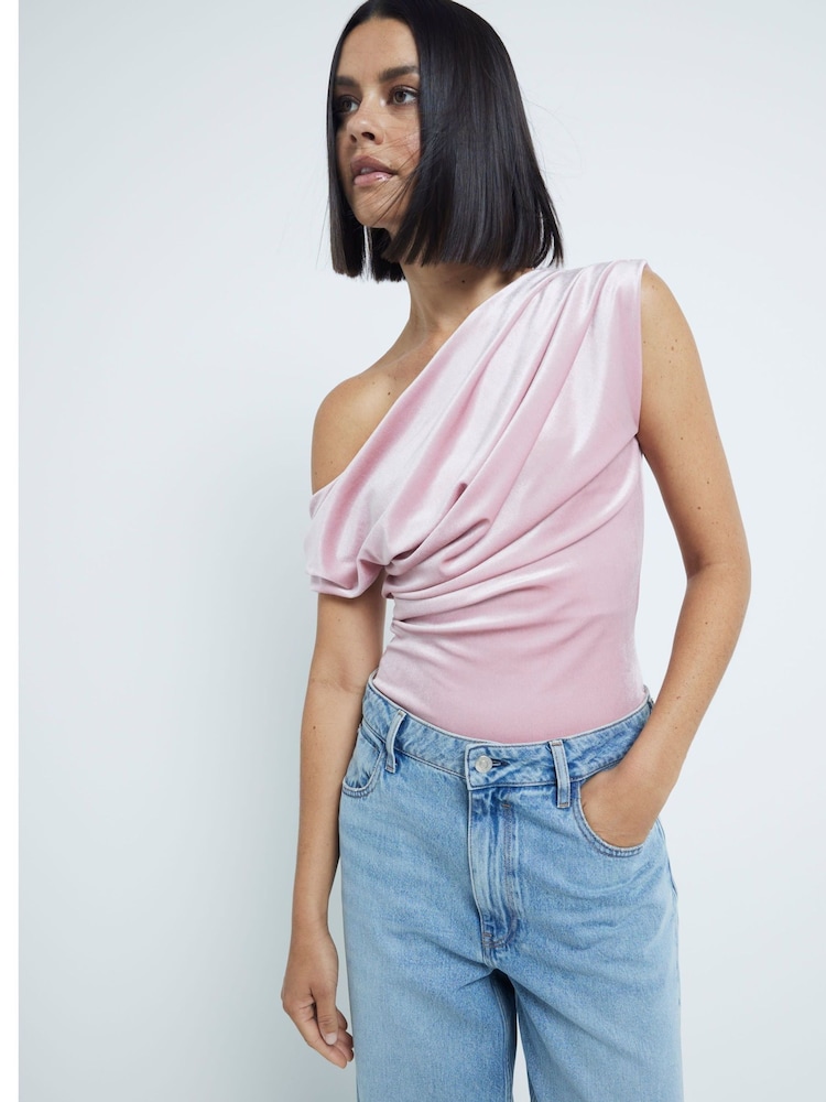 River Island Pink Velvet Off Shoulder Ruched Top - Image 3 of 5