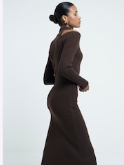 River Island Brown Cut-Out High Neck Knitted Midi Dress - Image 2 of 4