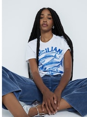 River Island White Sicilian Fish Graphic 100% Cotton T-Shirt - Image 2 of 4
