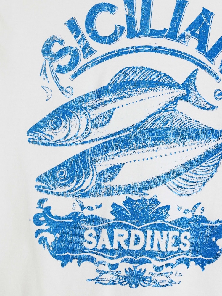River Island White Sicilian Fish Graphic 100% Cotton T-Shirt - Image 4 of 4
