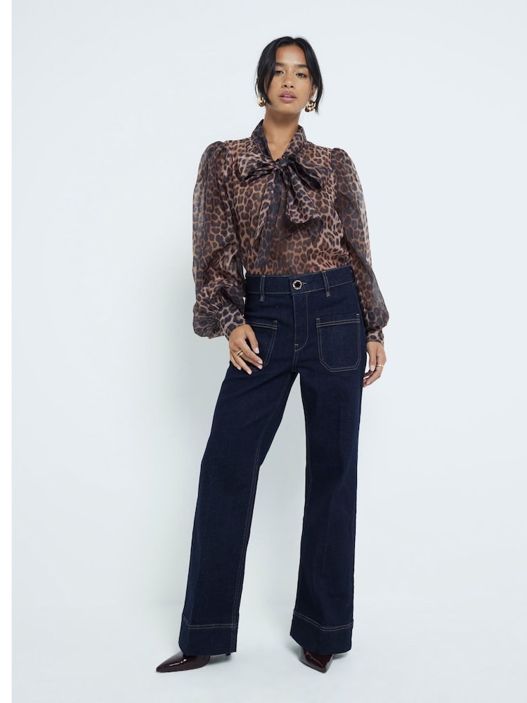 River Island Blue Dark High Waisted Pocket Front Wide Leg Jeans - Image 1 of 5