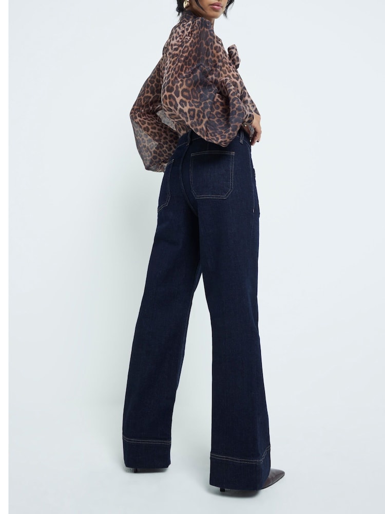 River Island Blue Dark High Waisted Pocket Front Wide Leg Jeans - Image 2 of 5