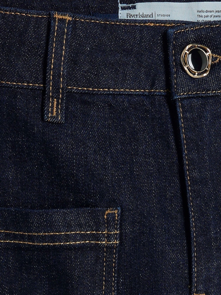 River Island Blue Dark High Waisted Pocket Front Wide Leg Jeans - Image 5 of 5