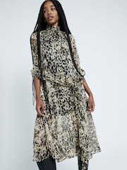 River Island Brown Animal Print High Neck Frill Midi Dress - Image 1 of 4