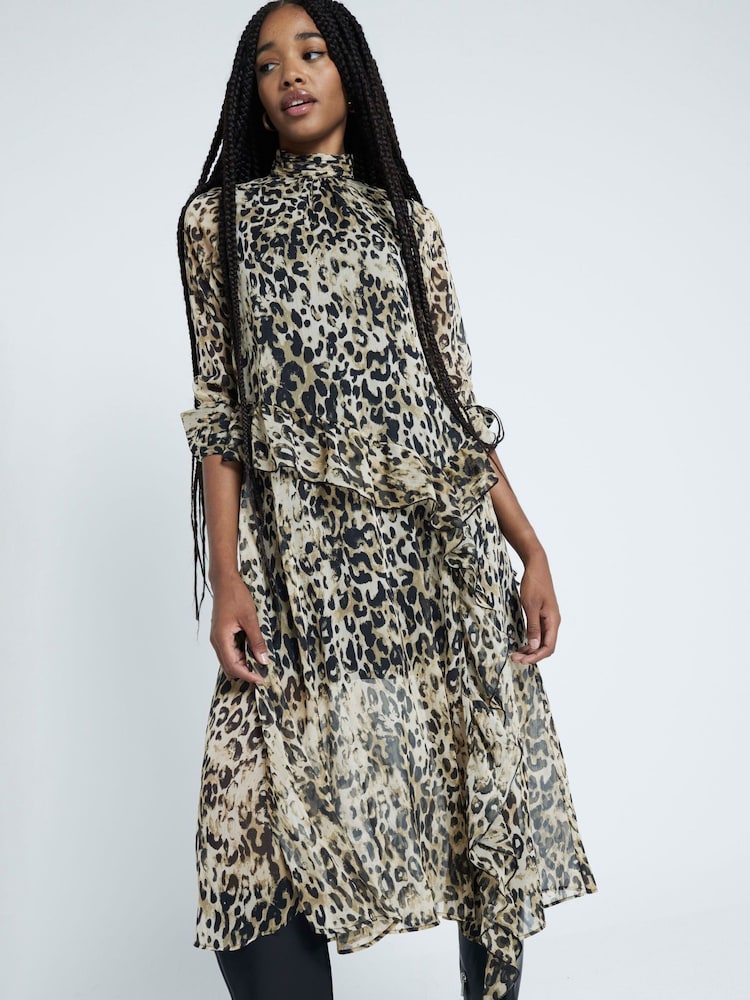 River Island Brown Animal Print High Neck Frill Midi Dress - Image 1 of 4