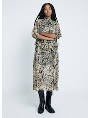 River Island Brown Animal Print High Neck Frill Midi Dress - Image 2 of 4