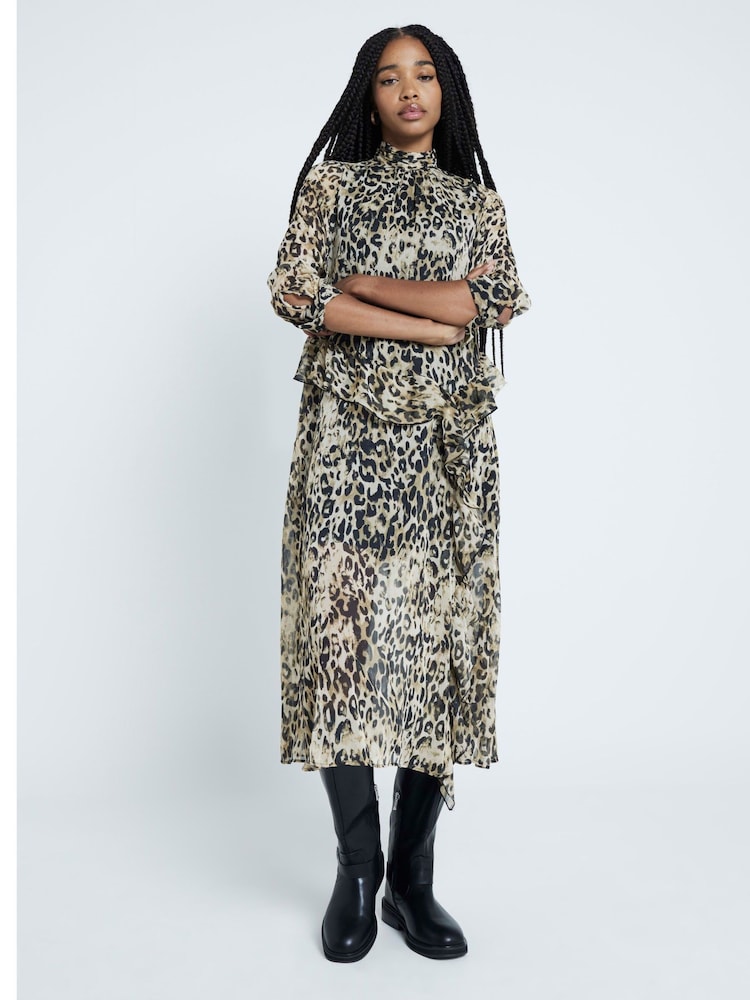 River Island Brown Animal Print High Neck Frill Midi Dress - Image 2 of 4