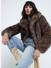 River Island Brown Short Plush Faux Fur Jacket - Image 1 of 4