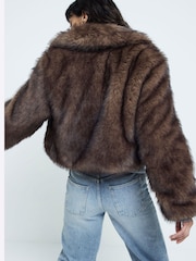 River Island Brown Short Plush Faux Fur Jacket - Image 3 of 4