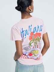 River Island Pink Boyfriend Fit 100% Cotton Italiano Back Print T-Shirt - Image 1 of 6