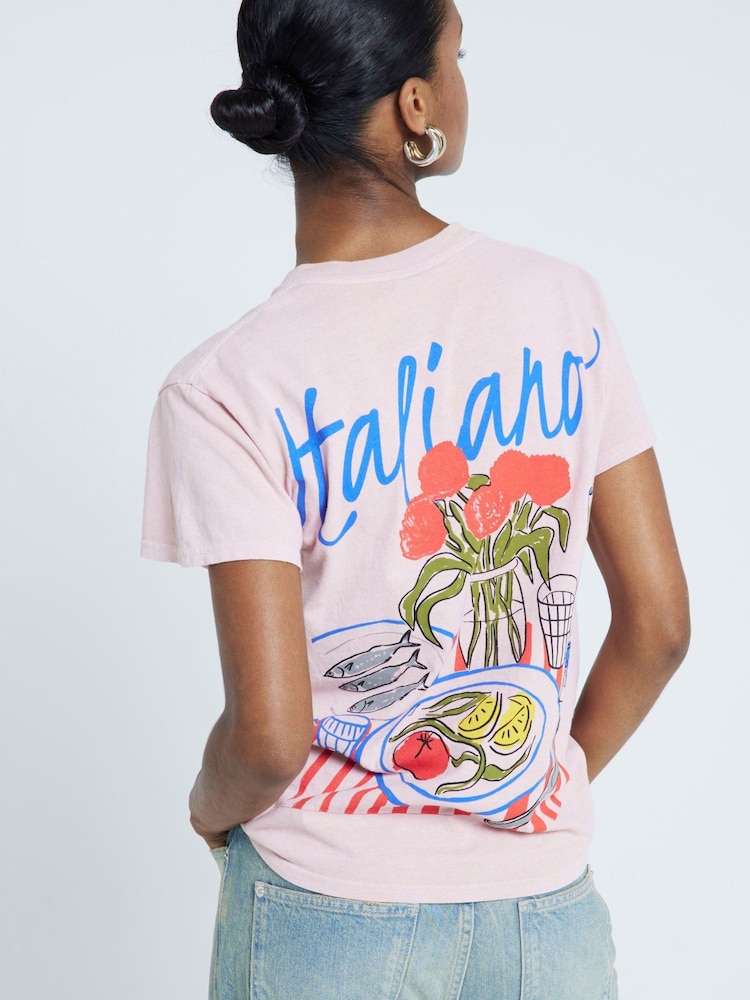 River Island Pink Boyfriend Fit 100% Cotton Italiano Back Print T-Shirt - Image 1 of 6