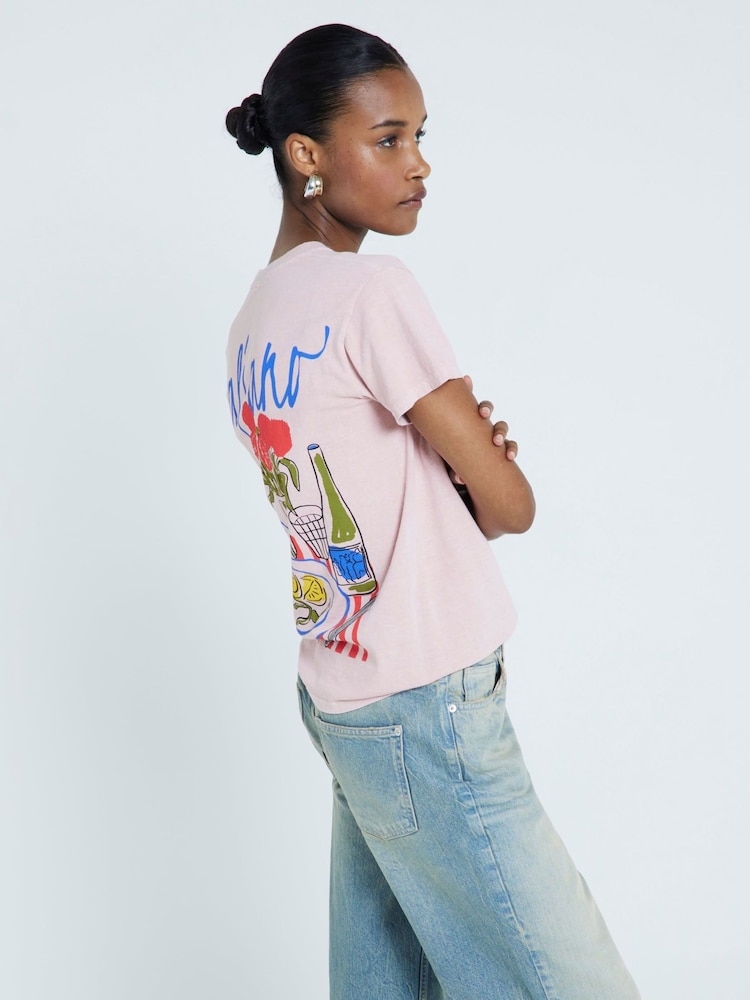 River Island Pink Boyfriend Fit 100% Cotton Italiano Back Print T-Shirt - Image 2 of 6