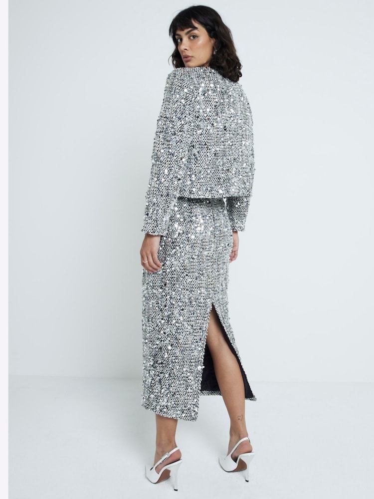 River Island Silver Sparkle Boucle Pencil Skirt - Image 3 of 4