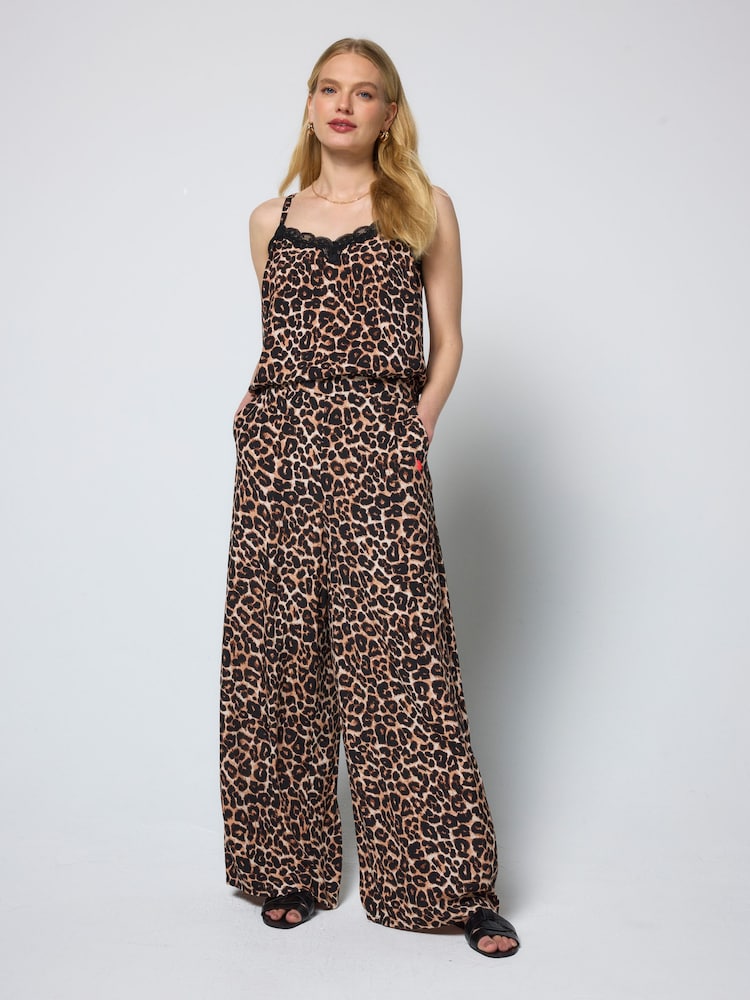 SCAMP & DUDE Natural Jaguar Printed Wide Leg Trousers - Image 1 of 6