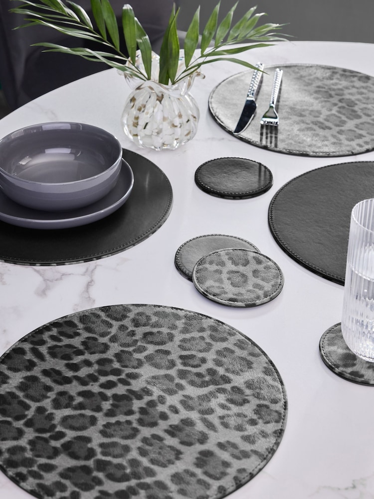 Set of 4 Black Leopard Printed Faux Leather Placemats and Coasters - Image 1 of 4 Set of 4 Black Leopard Printed Faux Leather Placemats and Coasters - Image 1 of 4
