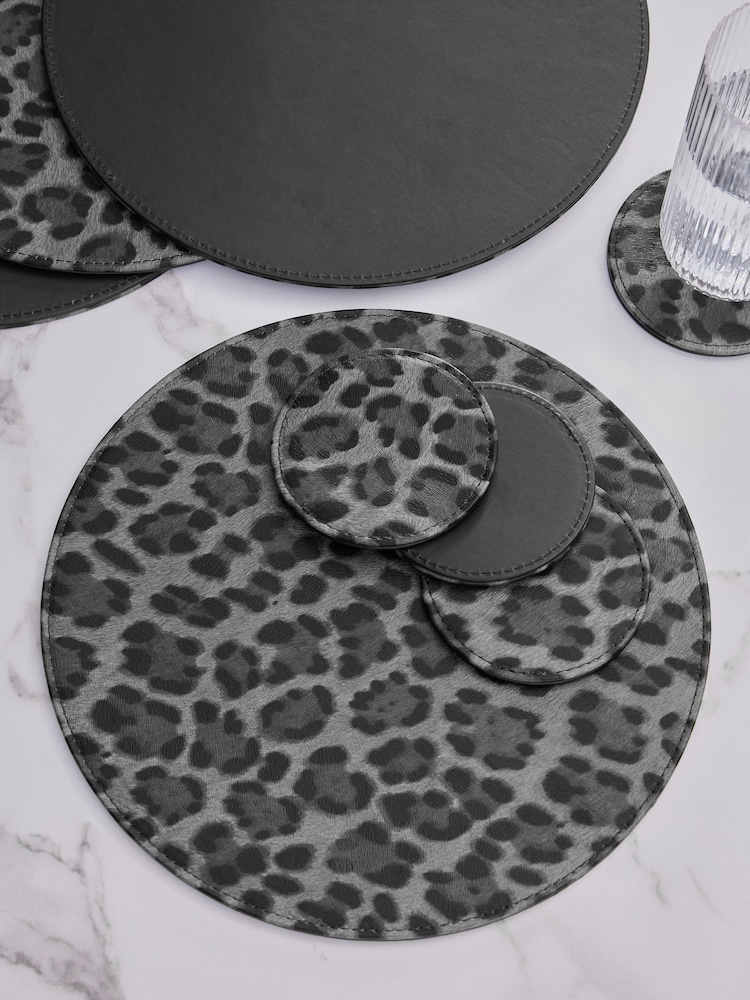 Set of 4 Black Leopard Printed Faux Leather Placemats and Coasters - Image 2 of 4 Set of 4 Black Leopard Printed Faux Leather Placemats and Coasters - Image 2 of 4