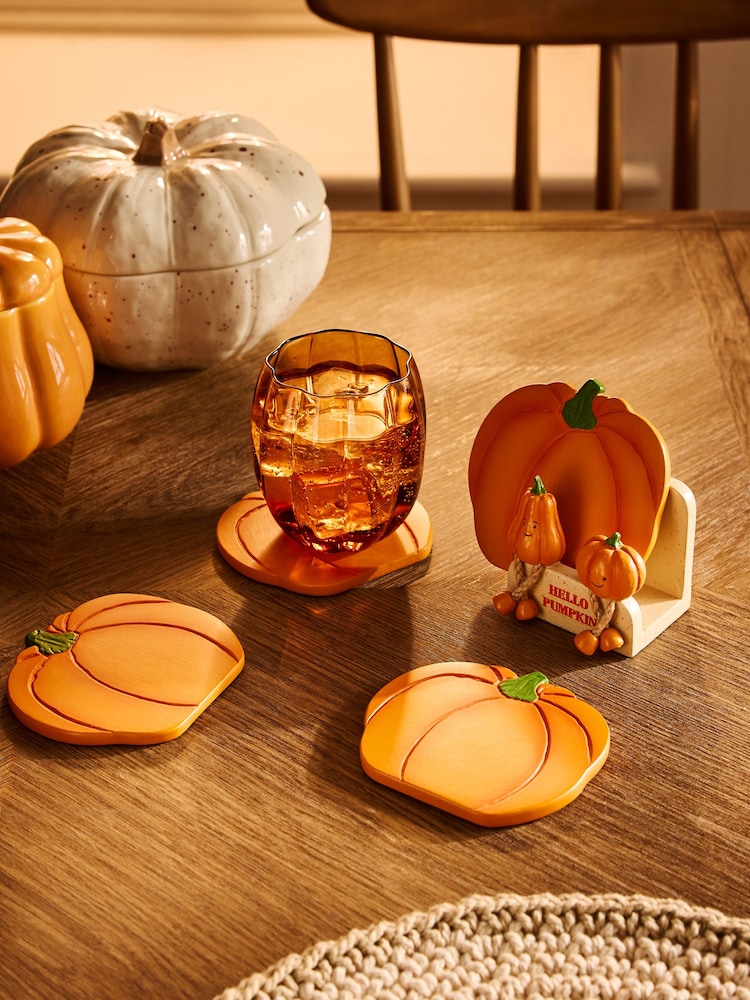 Set of 4 Orange Pumpkin Coasters with Holder - Image 1 of 3