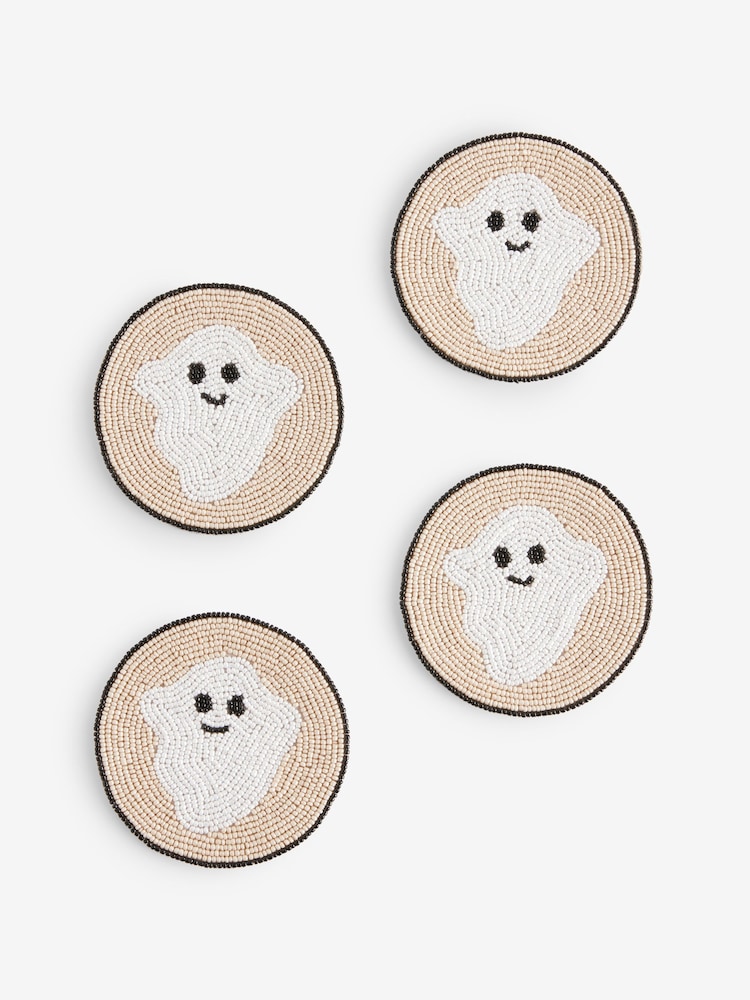 Set of 4 White Halloween Gus the Ghost Beaded Coasters - Image 1 of 1 Set of 4 White Halloween Gus the Ghost Beaded Coasters - Image 1 of 1