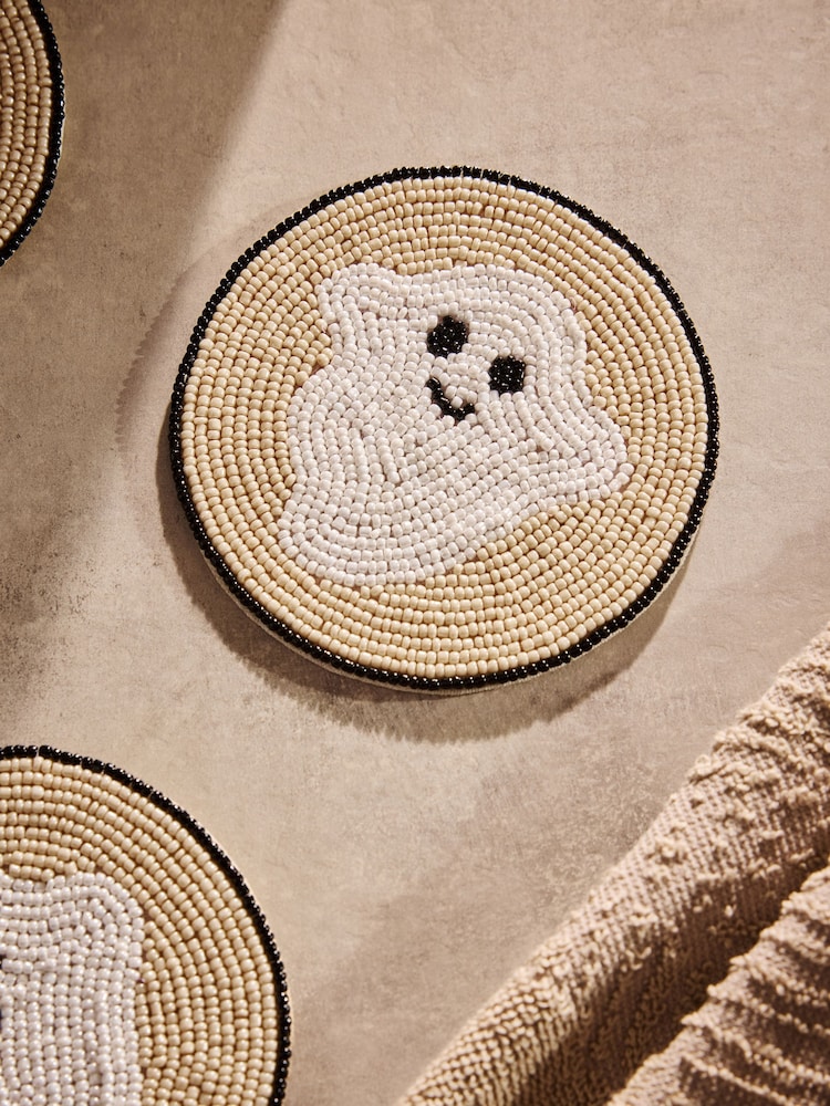 Set of 4 White Halloween Gus the Ghost Beaded Coasters - Image 2 of 3 Set of 4 White Halloween Gus the Ghost Beaded Coasters - Image 2 of 3