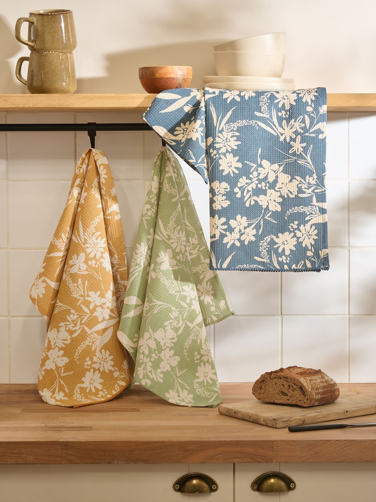 Set of 3 Multi Aubrie Floral Print Waffle Tea Towels - Image 1 of 4 Set of 3 Multi Aubrie Floral Print Waffle Tea Towels - Image 1 of 4