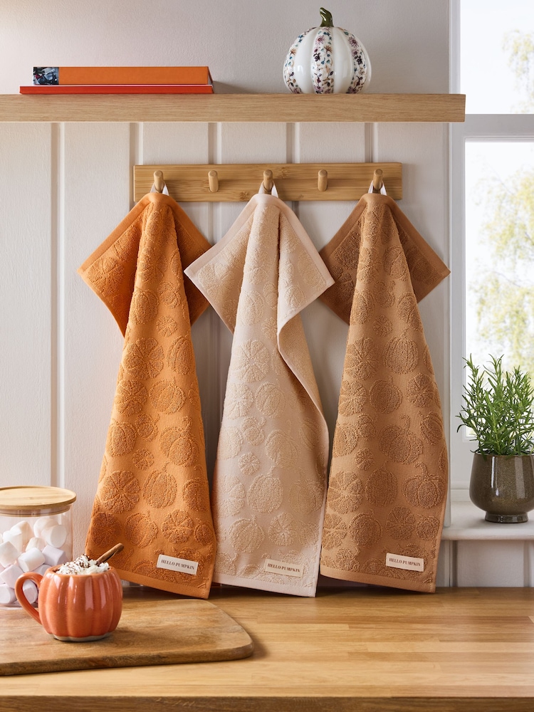 Orange Pumpkin Terry Set of 3 Tea Towels - Image 1 of 4 Orange Pumpkin Terry Set of 3 Tea Towels - Image 1 of 4