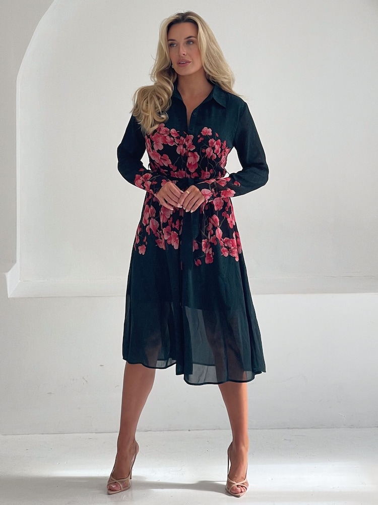 Girl In Mind Green Everly Floral Print Shirt Midi Dress - Image 1 of 4