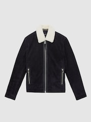 Reiss Navy Sandon Suede Shearling-Collar Jacket - Image 2 of 7