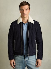 Reiss Navy Sandon Suede Shearling-Collar Jacket - Image 3 of 7