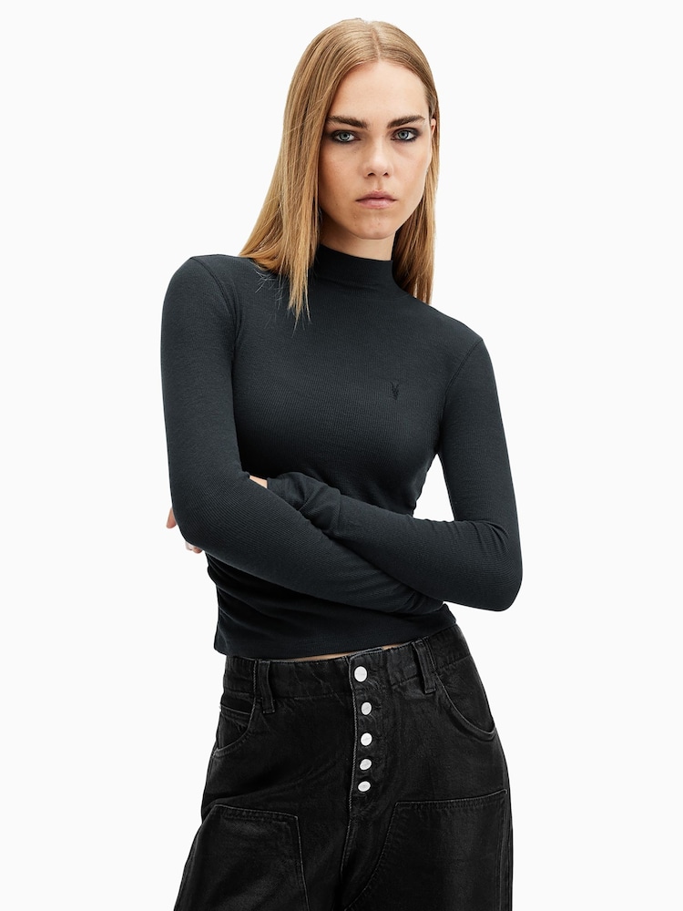 AllSaints Blue Rina Long Sleeve Roll Neck T-Shirt - Image 1 of 6