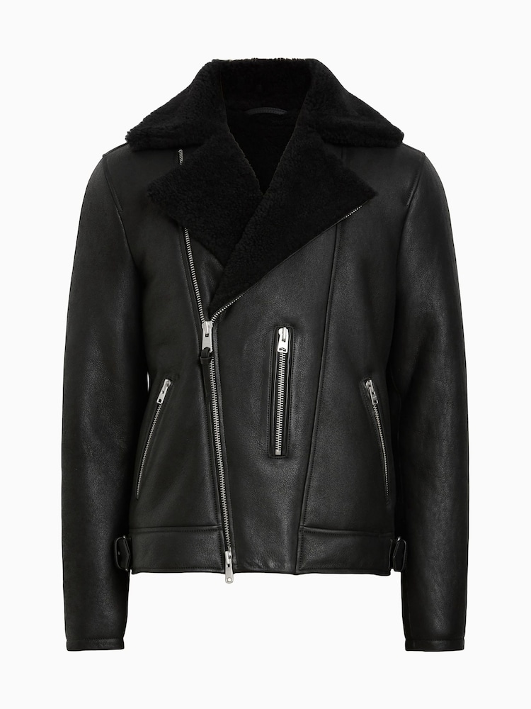 AllSaints Black Xena Shearling Biker Jacket - Image 11 of 11