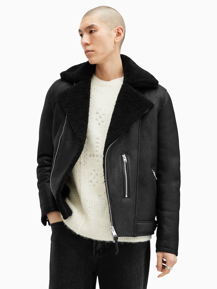 AllSaints Black Xena Shearling Biker Jacket - Image 8 of 11