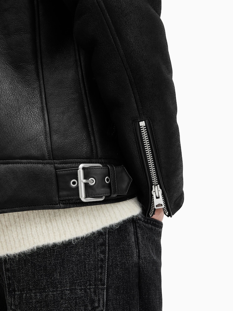 AllSaints Black Xena Shearling Biker Jacket - Image 9 of 11