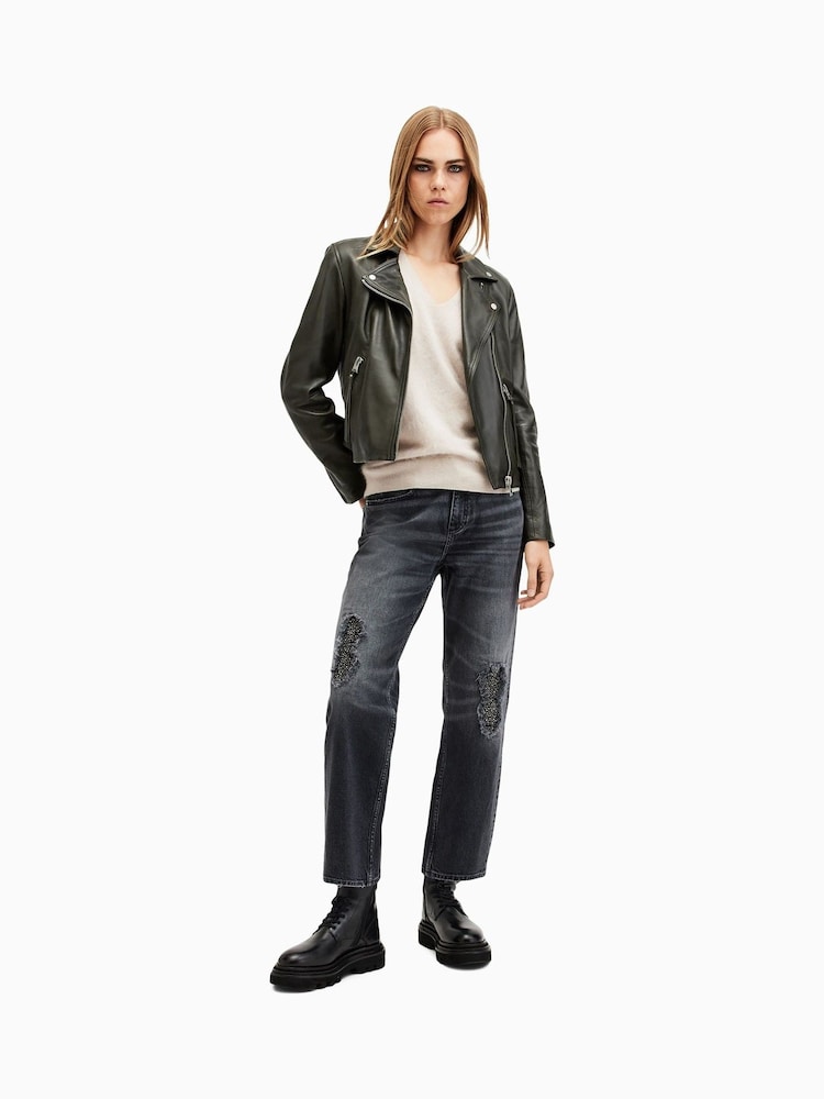 AllSaints Green Dalby Biker Jacket - Image 3 of 7