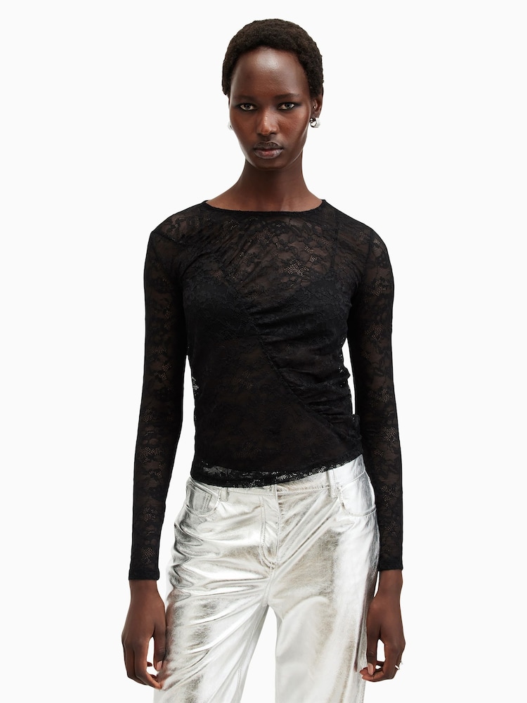 AllSaints Black Edana Lace Long Sleeve Top - Image 1 of 6