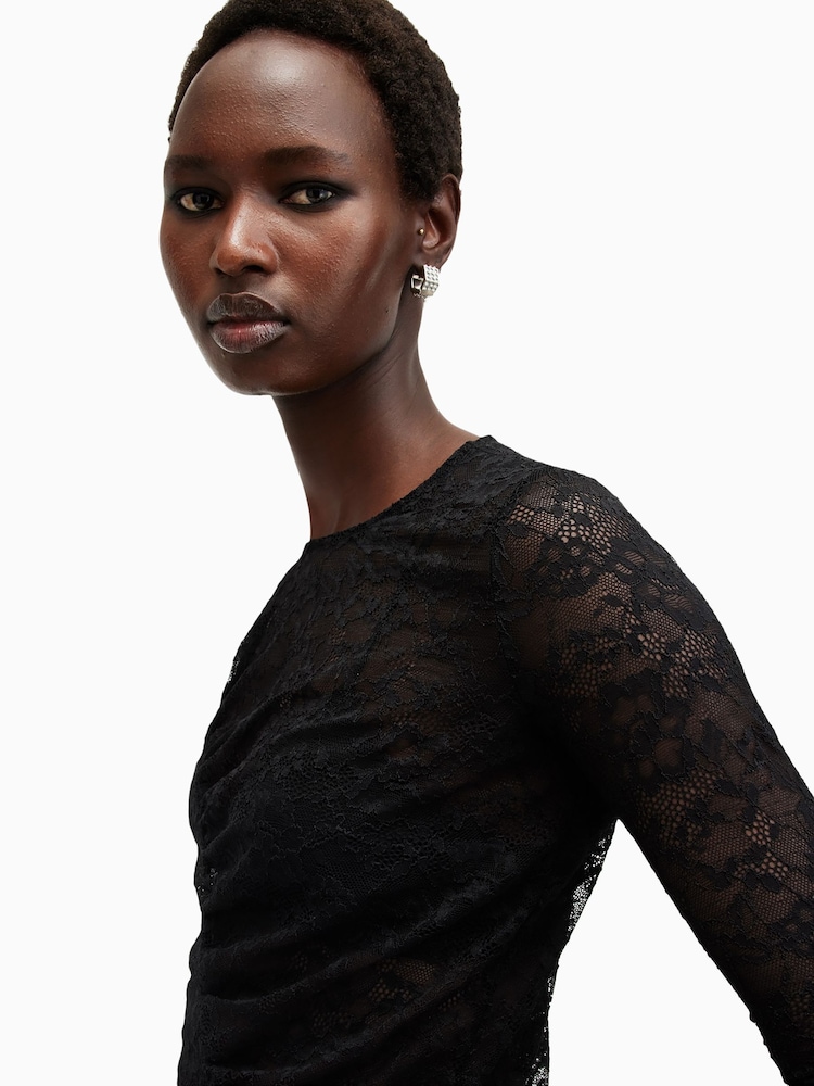 AllSaints Black Edana Lace Long Sleeve Top - Image 4 of 6