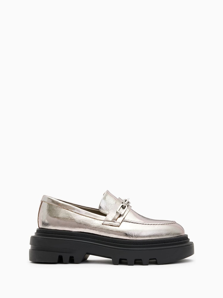 AllSaints Grey Alexia Chain Loafers - Image 1 of 5