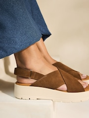 Tan Brown Suede Signature Cross Strap Chunky Flatform Sandals - Image 1 of 1