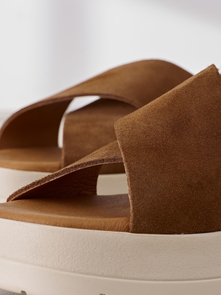 Tan Brown Suede Signature Cross Strap Chunky Flatform Sandals - Image 11 of 11
