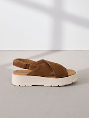 Tan Brown Suede Signature Cross Strap Chunky Flatform Sandals - Image 4 of 11