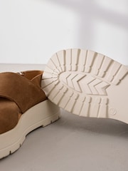 Tan Brown Suede Signature Cross Strap Chunky Flatform Sandals - Image 7 of 11