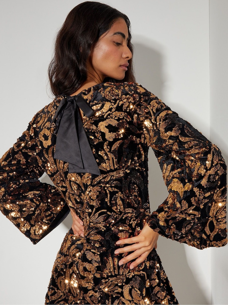 Monsoon Black Velvet Anna Flute Sleeve Sequin Mini Dress - Image 2 of 4 Monsoon Black Velvet Anna Flute Sleeve Sequin Mini Dress - Image 2 of 4