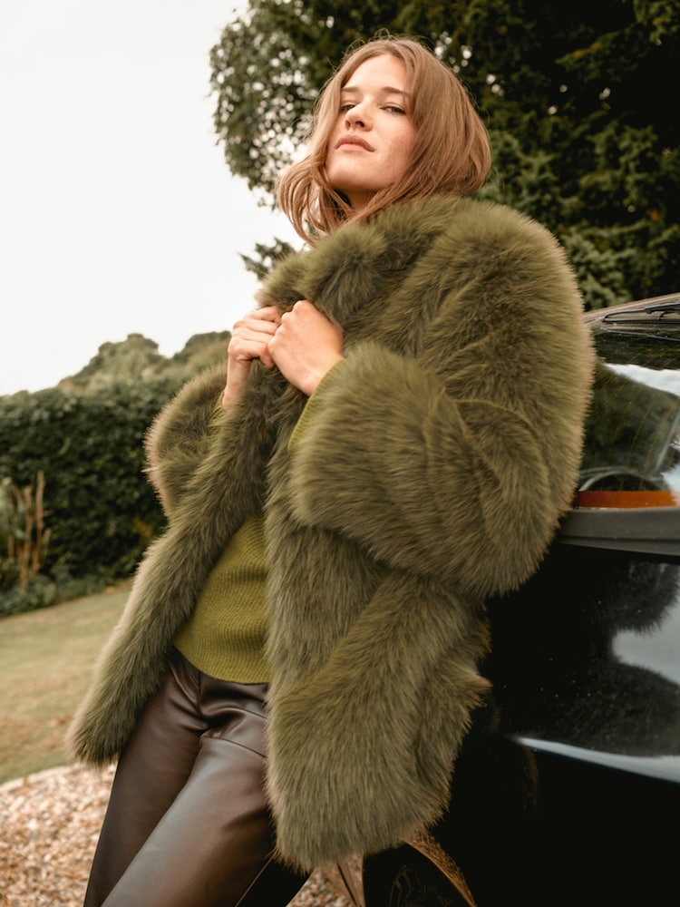 Monsoon Green Felixa Faux Fur Coat - Image 2 of 4