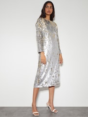 Monsoon Silver Marie Long Sleeve Sequin Midi Dress - Image 1 of 5