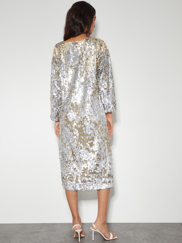 Monsoon Silver Marie Long Sleeve Sequin Midi Dress - Image 2 of 5