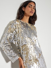 Monsoon Silver Marie Long Sleeve Sequin Midi Dress - Image 3 of 5